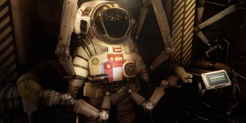 Soma gra w skafandrze kosmicznym z mechanicznymi ramionami, gotowa do dokowania.