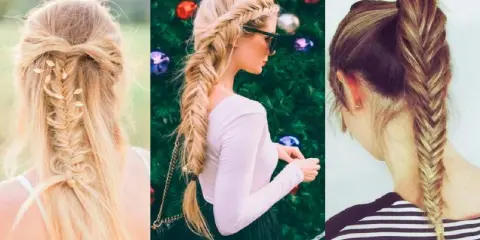 Tres peinados con trenza de espiga: uno recogido con adornos, otro lateral largo y uno recogido en coleta alta.