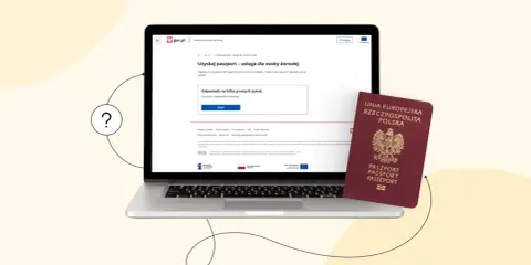 Wniosek o paszport online na gov.pl. Obok laptopa leży paszport.