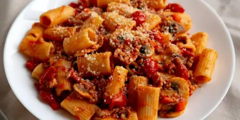 Pyszny makaron z sosem pomidorowym, grzybami i parmezanem na białym talerzu.