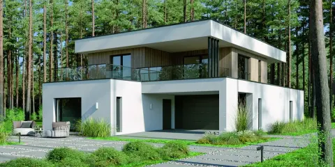 Nowoczesne domki jednorodzinne projekty w otoczeniu lasu. Biała bryła z drewnianymi elementami i przeszklonymi balkonami.
