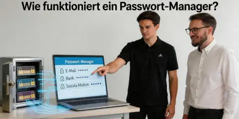 Ein Mann erklärt, wie funktioniert ein Passwort-Manager. Ein Tresor mit Passwort-Karten und ein Laptop zeigen die sichere Speicherung von Zugangsdaten.
