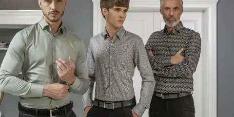 Trzech mężczyzn w eleganckich koszulach męskich, prezentujących różne wzory i kolory.