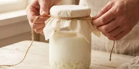 Hände binden ein Tuch mit Schnur um ein Glas mit Kefir-Körnern und Milch. So einfach kann man Kefir selber machen.