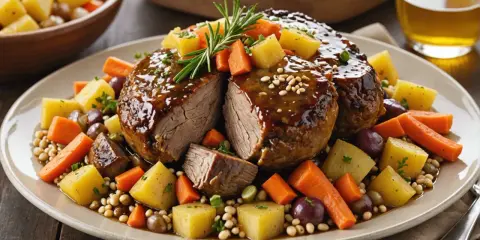 Un plat de veau de 7h, tendre et juteux, nappé d'une sauce brillante, entouré de pommes de terre, carottes, olives et haricots.