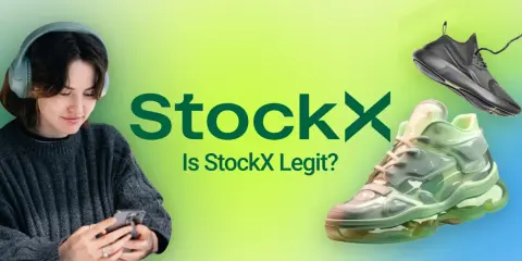 Dziewczyna w słuchawkach sprawdza na telefonie, czy StockX jest legit. Obok logo StockX widnieją dwa modele butów.
