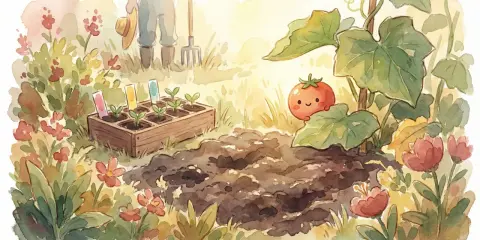Un huerto soleado con plantones listos para sembrar. ¡Es el momento perfecto para saber qué plantar en abril y ver crecer un tomate sonriente!