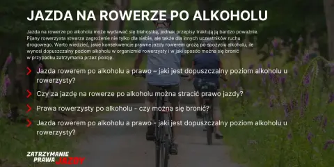 Dwie osoby jadące rowerami po ścieżce, z tekstem ostrzegającym przed jazdą rowerem po alkoholu.