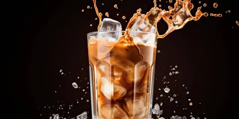 Un café glacé maison éclabousse dans un verre rempli de glaçons.