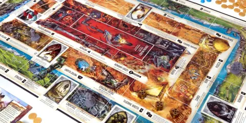 Plansza gry z figurkami i kartami, przypominająca klimatem gry podobne do Talisman. Widać kości, monety i znaczniki.