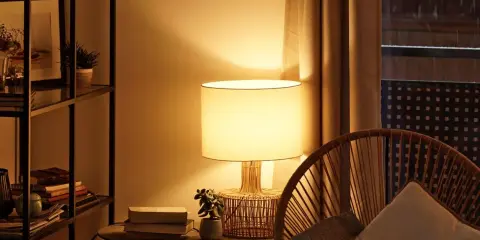 Ambiente acogedor con iluminación indirecta en el salón. Una lámpara de mesa ilumina suavemente la estancia, creando un espacio cálido y relajante.