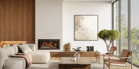Aménagement d'un salon salle à manger de 30m2, avec un coin 25m2 pour le salon. Un feu de cheminée réchauffe l'espace.