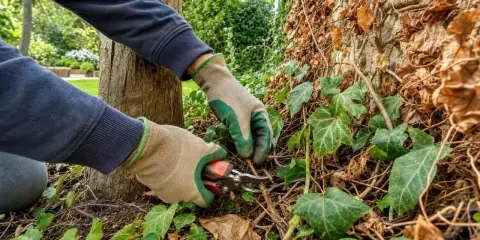 Mains gantées taillant le lierre grimpant au pied d'un arbre et d'un mur couvert de feuilles sèches.