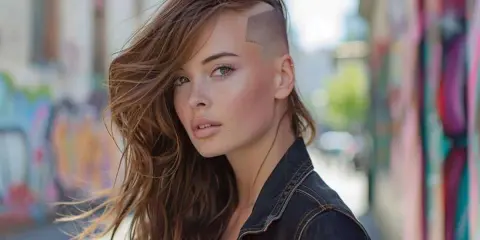 Jeune femme au regard intense, arborant une coupe de cheveux audacieuse : côté rasé, le dessus long et ondulé.