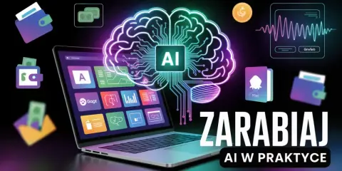 AI napędza najskuteczniejsze zarabianie w internecie. Grafika przedstawia mózg AI, laptop z aplikacjami, portfele i symbol dolara.
