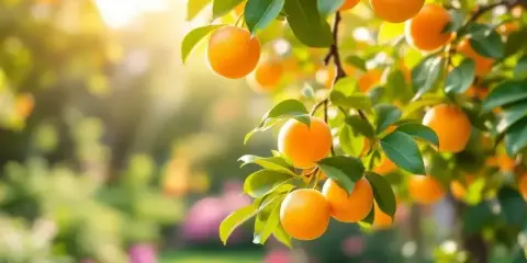 Un abricotier chargé de fruits mûrs sous le soleil. Combien de temps pour avoir des fruits ? Souvent 3 à 5 ans après la plantation.
