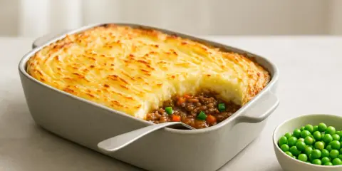 En gyllene gratinerad cottage pie med köttfärs och grönsaker, redo att serveras. Ett perfekt recept för en mysig middag.