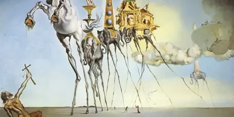 Surrealizm w czystej postaci: koń na szczudłach, słonie z długimi nogami, unoszące się budowle i postać z krzyżem.