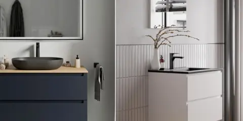 Dwie nowoczesne łazienki z wiszącymi szafkami pod umywalkę. Jedna z granatową szafką i okrągłą umywalką, druga z białą szafką i prostokątną umywalką. Różne odległości w łazience.