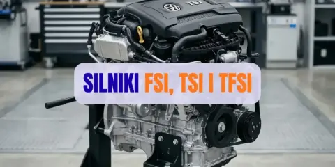 Silnik samochodowy na stojaku, z napisem "SILNIKI FSI, TSI I TFSI".