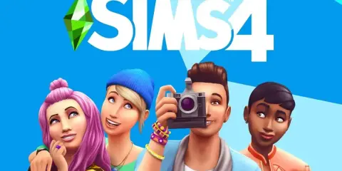 Cztery Simsy na tle logo The Sims 4. Jeden z nich robi zdjęcie aparatem. Chcesz mody na pieniądze The Sims 4?