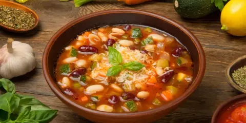 Un fumante minestrone di verdure, ricco di fagioli, zucchine e carote, guarnito con basilico fresco e parmigiano.