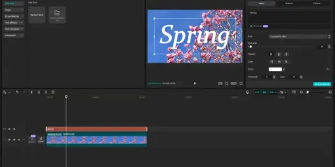 Edytor wideo z opcjami tekstu: dodawanie, formatowanie i stylizacja napisu "Spring" na tle kwitnącej wiśni.