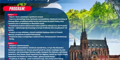 Program wycieczki do Brna, obejmujący zwiedzanie Jaskini Punkvy i Przepaści Macocha, z widokiem na zabytkową architekturę.
