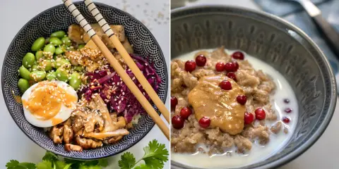 Två skålar med mat rik på fibrer: en poke bowl med tofu, edamame och ägg, samt gröt med lingon och jordnötssmör.