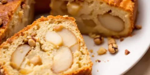 Tranche de gâteau poires amandes moelleux, parsemé de noisettes entières et de morceaux d'amandes.