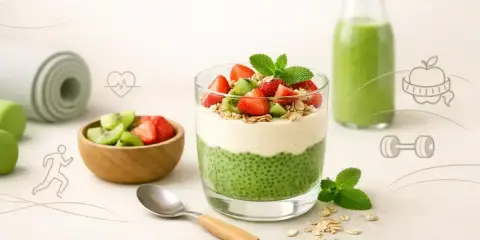 Zdrowe fit desery: pudding chia z owocami, smoothie i akcesoria sportowe. Idealne na regenerację po treningu.