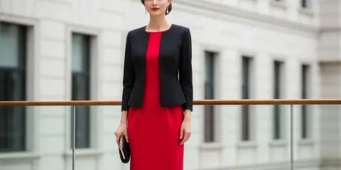 Elegancka kobieta w czerwonej sukience i czarnym żakiecie. Idealna stylizacja, gdy zastanawiasz się, jaki żakiet do czerwonej sukienki pasuje.