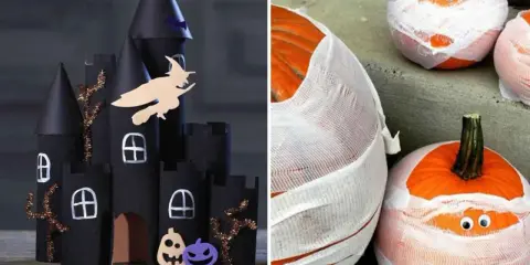 Château noir effrayant et citrouilles momies pour une déco halloween à faire soi-même.