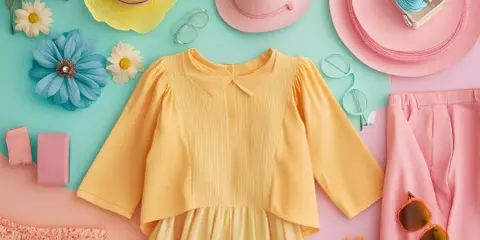 Un'esplosione di **colori caldi**: un outfit estivo con camicetta gialla, pantaloni rosa, cappelli e accessori floreali.