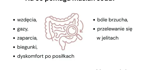 Maślan sodu pomaga na wzdęcia, gazy, zaparcia, biegunki i bóle brzucha. Grafika przedstawia jelita.