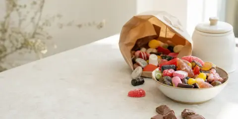 En skål med blandat godis, inklusive geléhallon och chokladbitar, bredvid en papperspåse som svämmar över av fler sötsaker. Perfekt för att temperera choklad till bakning.
