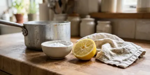 Przygotowanie do eksperymentu: garnek aluminiowy, soda oczyszczona i cytryna. Zobacz reakcję octu z aluminium.