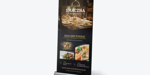 Projekt roll upu restauracji "Smaczna". Reklama promuje smaczne posiłki z lokalnych i ekologicznych produktów.
