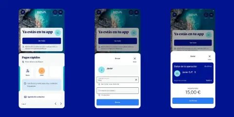 Envío de dinero con Bizum en la app BBVA. Javier envía 15€ a Javier G.P.