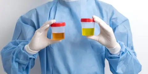Medyk w niebieskim fartuchu trzyma dwa pojemniki z próbkami moczu. Jeden jest ciemnożółty, drugi jasnożółty. Niebieski mocz może być objawem choroby.