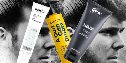 Tre flaconi di gel per capelli, uno bianco Nioxin, uno giallo Matrix e uno nero K-max, sovrapposti a volti maschili in bianco e nero. Il gel fa male ai capelli?