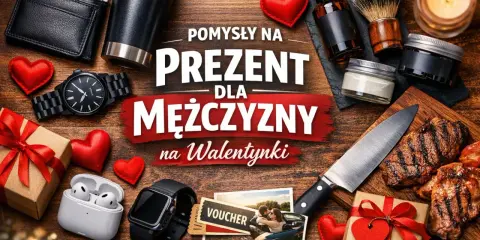 Zestaw prezentów walentynkowych dla mężczyzny: zegarek, słuchawki, portfel, grillowane mięso, kosmetyki.