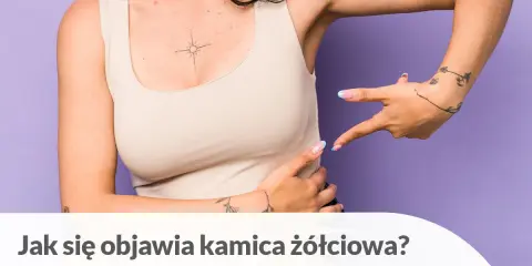 Kobieta wskazuje na brzuch, sugerując problem z kamieniami w woreczku żółciowym.