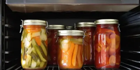 Gläser mit eingelegtem Gemüse, wie Gurken und Karotten, stehen im Ofen. Dies sind leckere Hauptgerichte zum Einkochen, die nach Rezepten zubereitet werden.