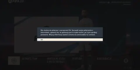 Komunikat o błędzie połączenia z serwerami FIFA 23. Nie można grać online.