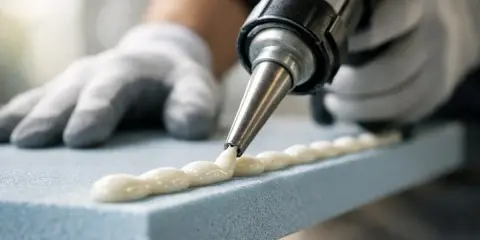 Handske-klädda händer använder en fogpistol för att måla cellplast med ett vitt tätningsmedel.