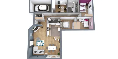 Plan 3D d'une maison avec garage, salon, cuisine, salle de bain et chambres.