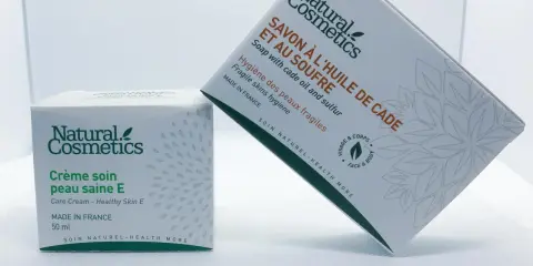 Crème soin peau saine E et savon à l'huile de cade et au soufre, idéaux pour les peaux fragiles. Une solution naturelle pour soulager l'eczéma.