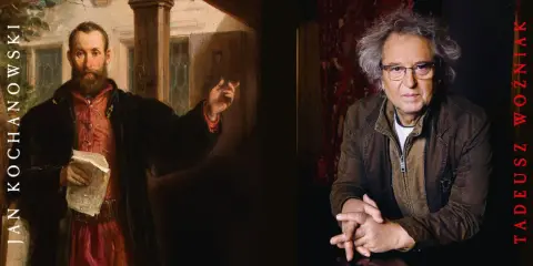 Jan Kochanowski i Tadeusz Woźniak. Obraz przedstawia poetę z XVI w. i współczesnego artystę, jakby śpiewali pieśń świętojańską o sobótce.