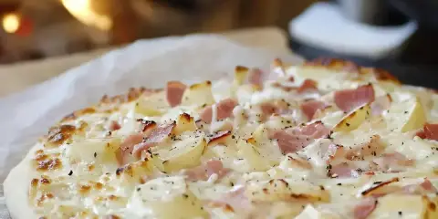 Flammekueche traditionnelle avec lardons et pommes de terre, prête à être dégustée près du feu.